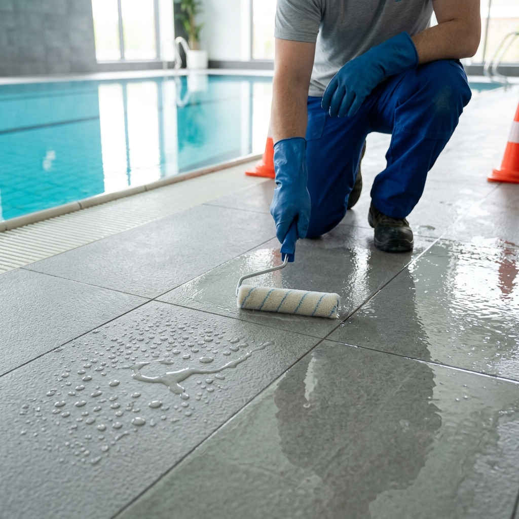 Anti-slip treatment being applied to a tile floor