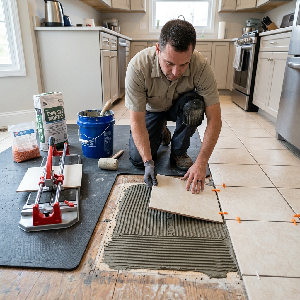 Professional tile replacement showing new tiles being installed
